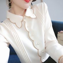 雪纺女长袖2023春季新款时尚洋气polo领上衣设计感纯色衬衫薄