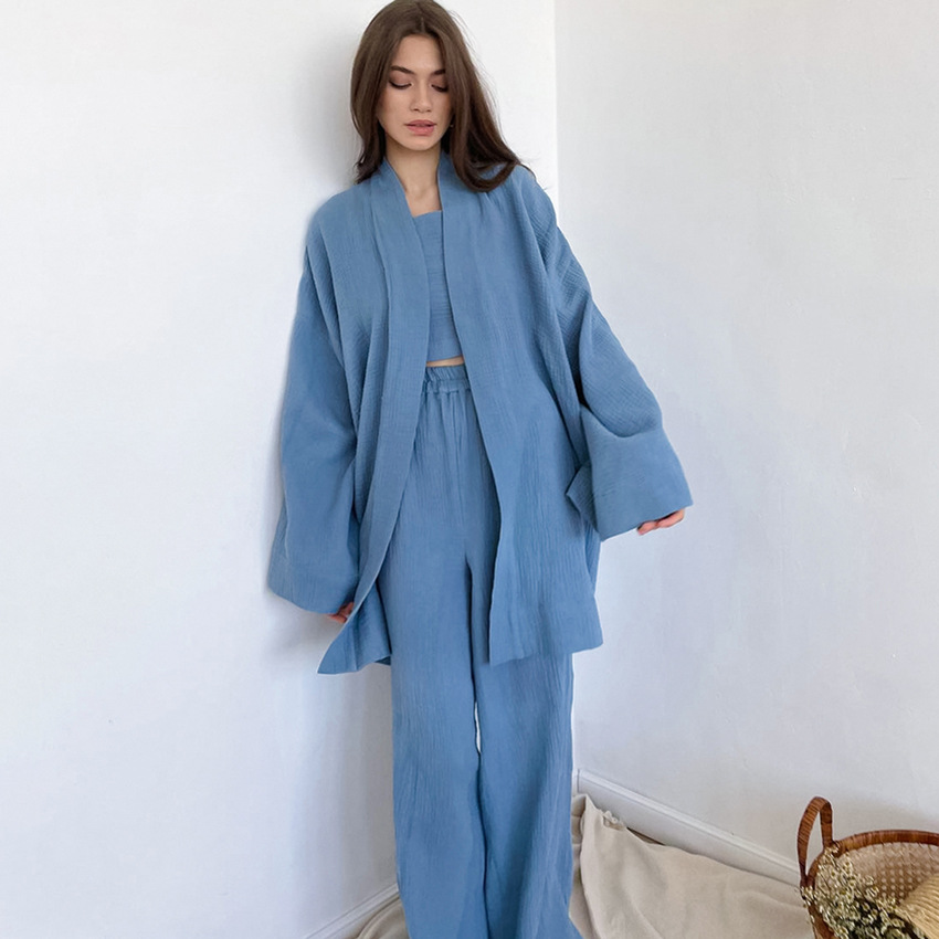 2023 Autumn Underwear European and American Long-Sleeved Loose Trousers Crepe Women's Solid Color Nightgown Home Absorbent Moisture-Wicking Clothing Women