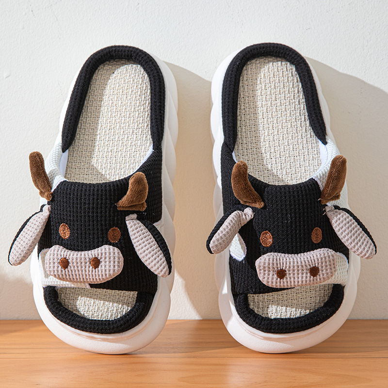 Boys and Girls All-Season Cute Cow Home Linen Slippers Men and Women Couple Indoor Home Non-Slip Platform Sandals