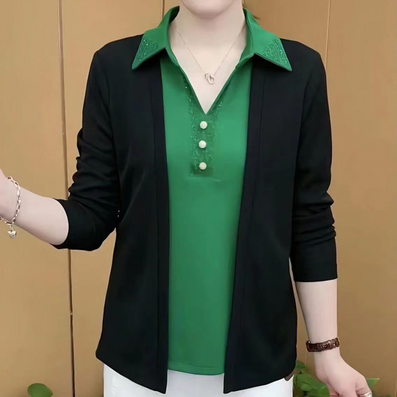 假两件衬衫女长袖春季新款遮肚子上衣气质女人味烫钻中老年妈妈装