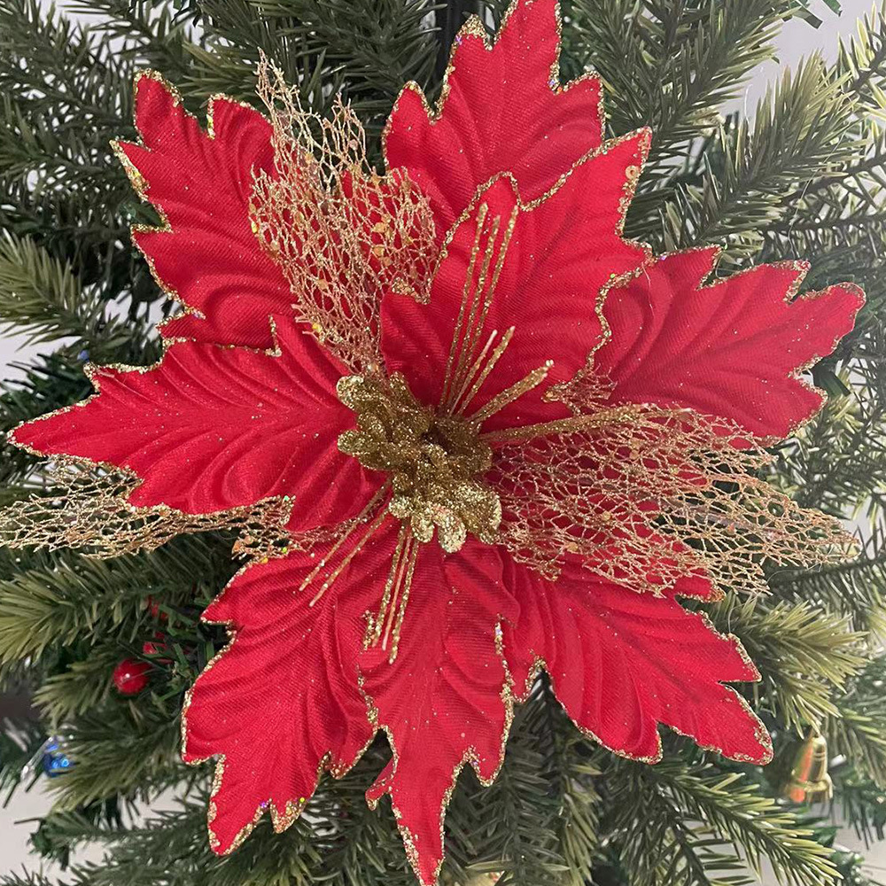 Cross-Border Christmas Flower Decorations High-End Gold Powder Christmas Flower Head Gold and Silver Red Artificial Flower Christmas Tree Pendant