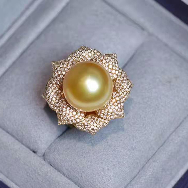 卡福珠宝珍珠戒指 南洋金珠 海水珍珠13-14mm 正圆浓金 镶嵌