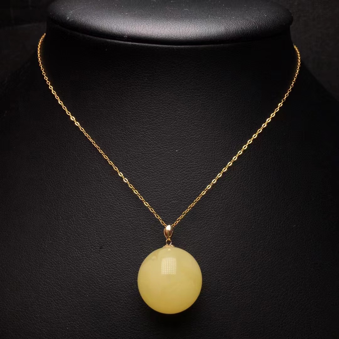 天然琥珀 蜜蜡单珠吊坠 18k金镶嵌项链 白花蜜 蜡质浓郁 项链
