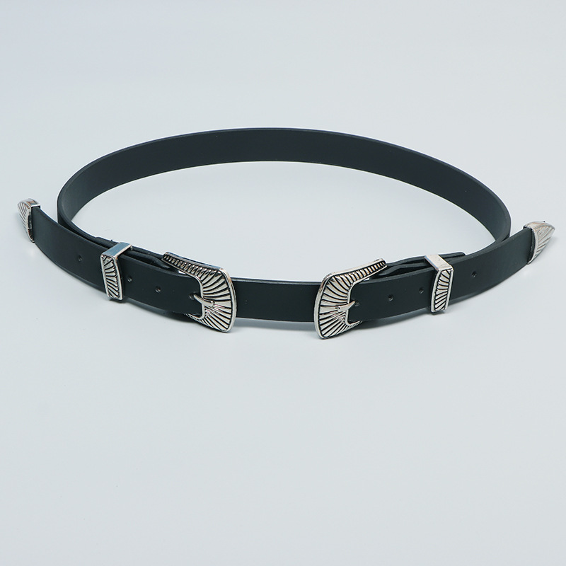 个性百搭黑色腰带女士2023新款夏季韩版双扣设计高级感小众皮带潮