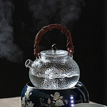 锤纹耐热玻璃煮茶壶电陶炉烧水壶天然藤编玻璃提梁壶功夫茶具套装