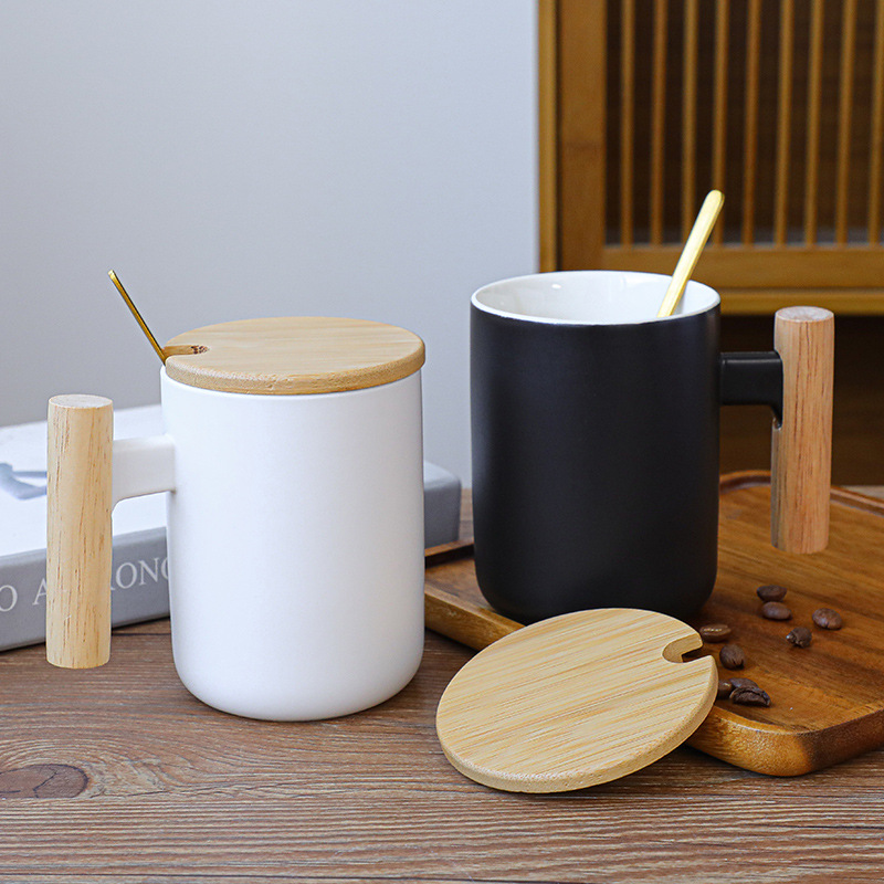 INS Nordic Ceramic Cup Wooden Handle Mug Coffee Cup Creative Glass with Cover Spoon Gift Box Gift Gift