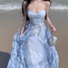 茶歇法式蓝色吊带连衣裙女夏季新款海边度假沙滩长裙日落仙女裙子
