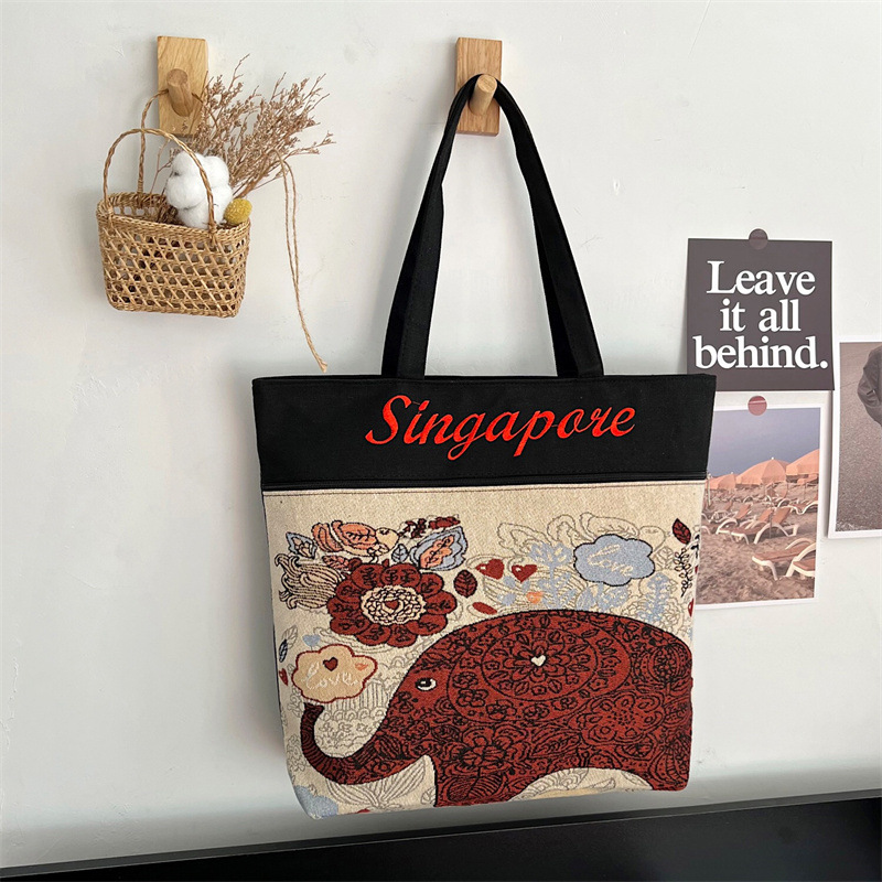 Korean Women Bag New Elephant Ethnic Style Shopping Bag Canvas Double-Sided Embroidered Hemp Rope Shoulder Bag Large Capacity
