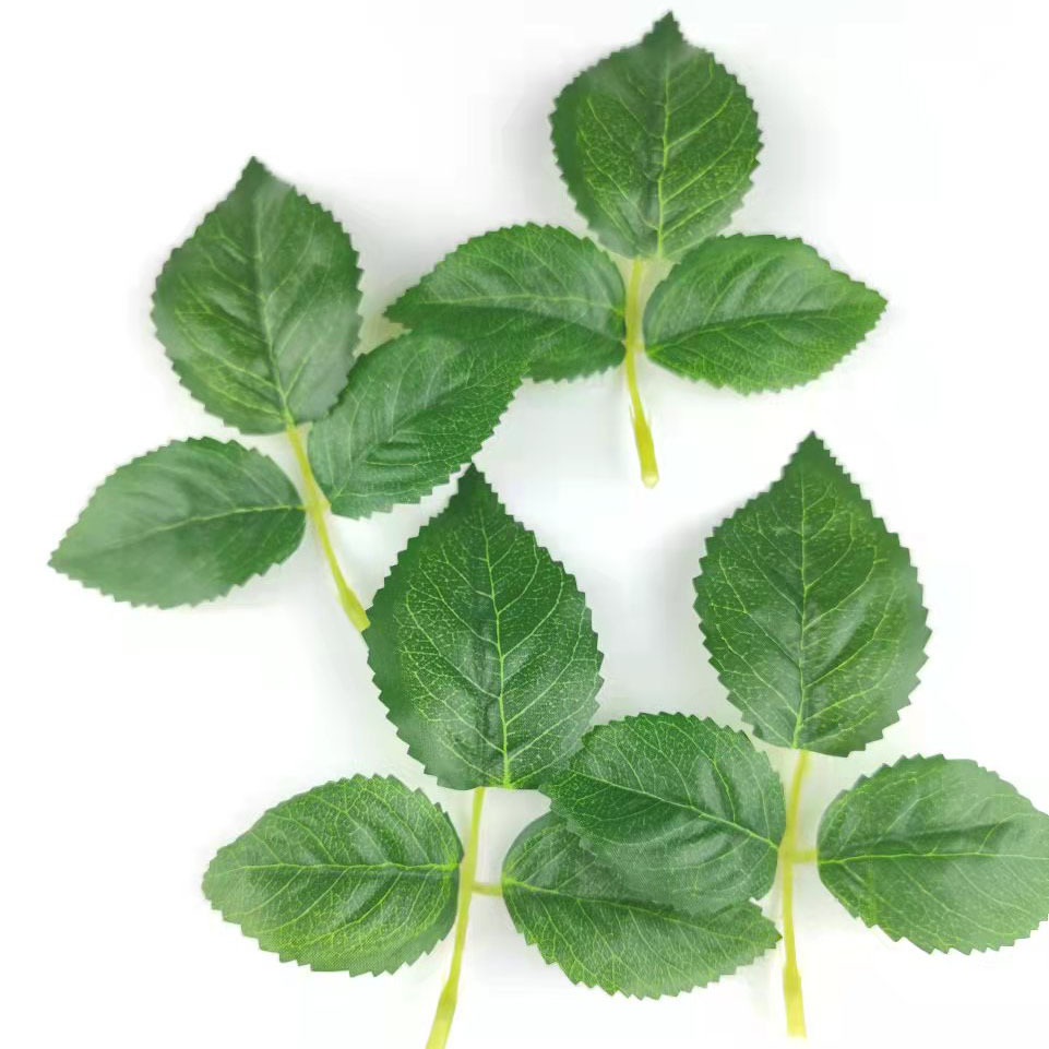 厂家供应丝印单片玫瑰叶 丝网花三叉玫瑰花叶 仿真叶子 丝布叶片