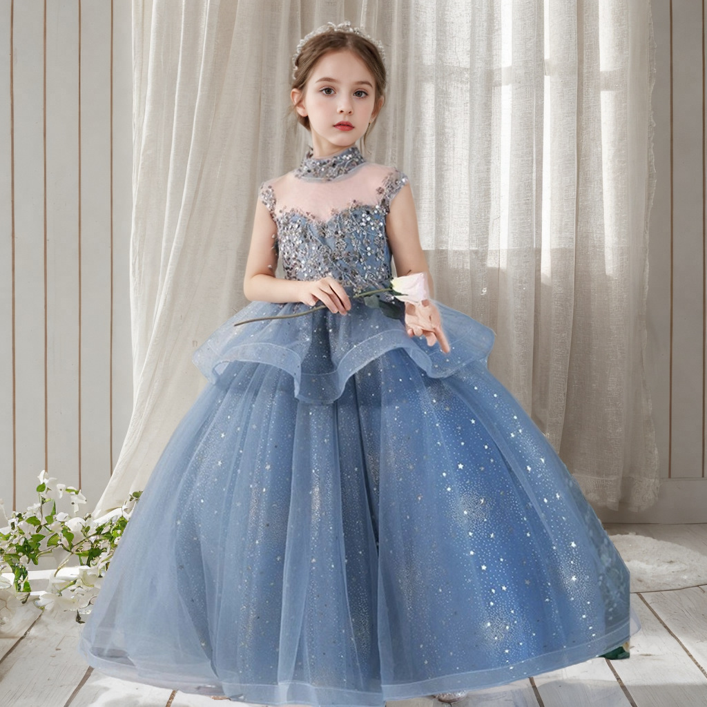 女童蓝色礼服洋气生日宴会蓬蓬纱公主裙儿童主持人钢琴演奏演出服