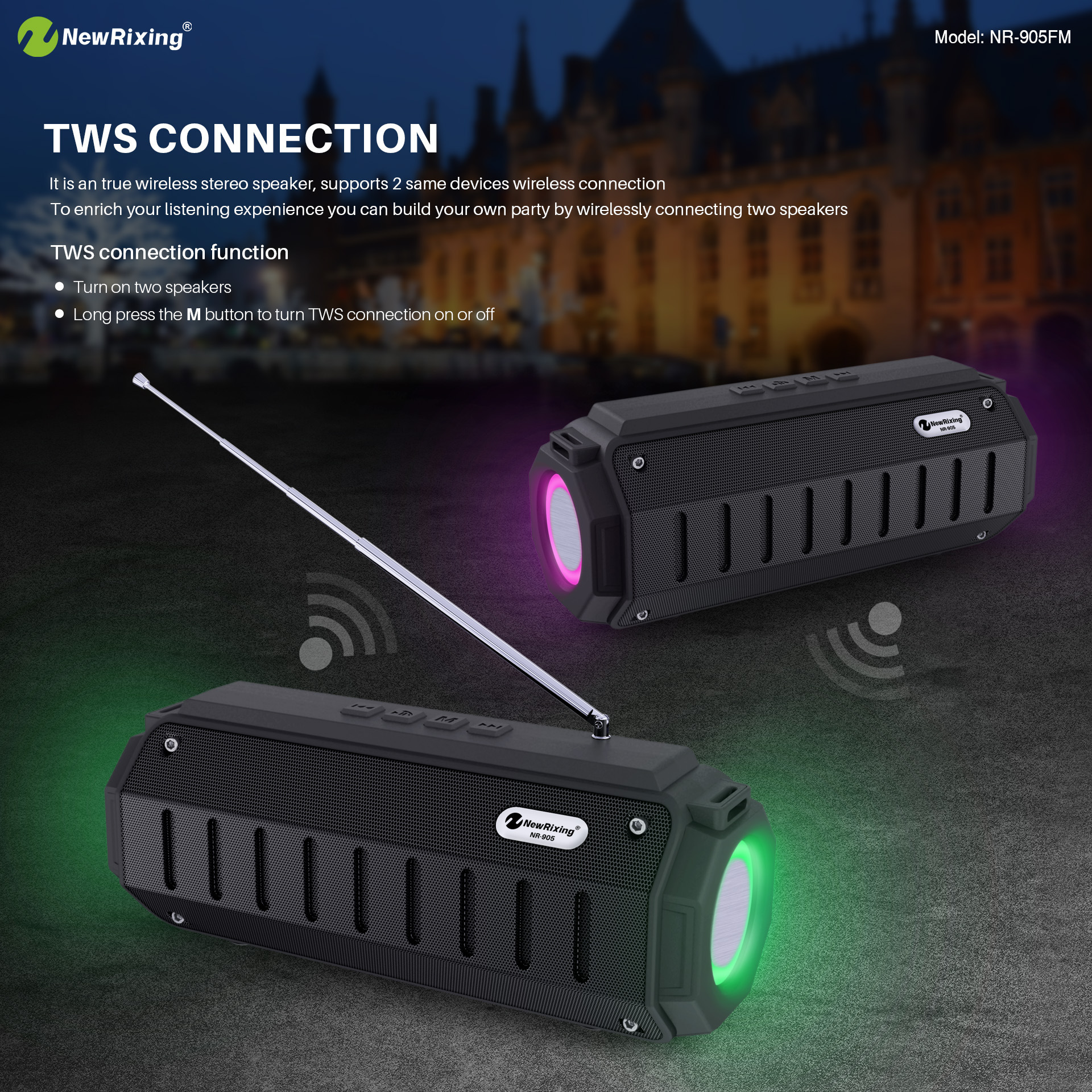 NR-905 Bluetooth Speaker Outdoor Waterproof Subwoofer Double Vibration Film High Sound Quality Portable Card Call Audio