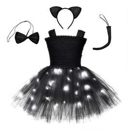 女童动物表演服 闪灯款连衣裙套装黑色网纱礼服裙派对演出猫装扮