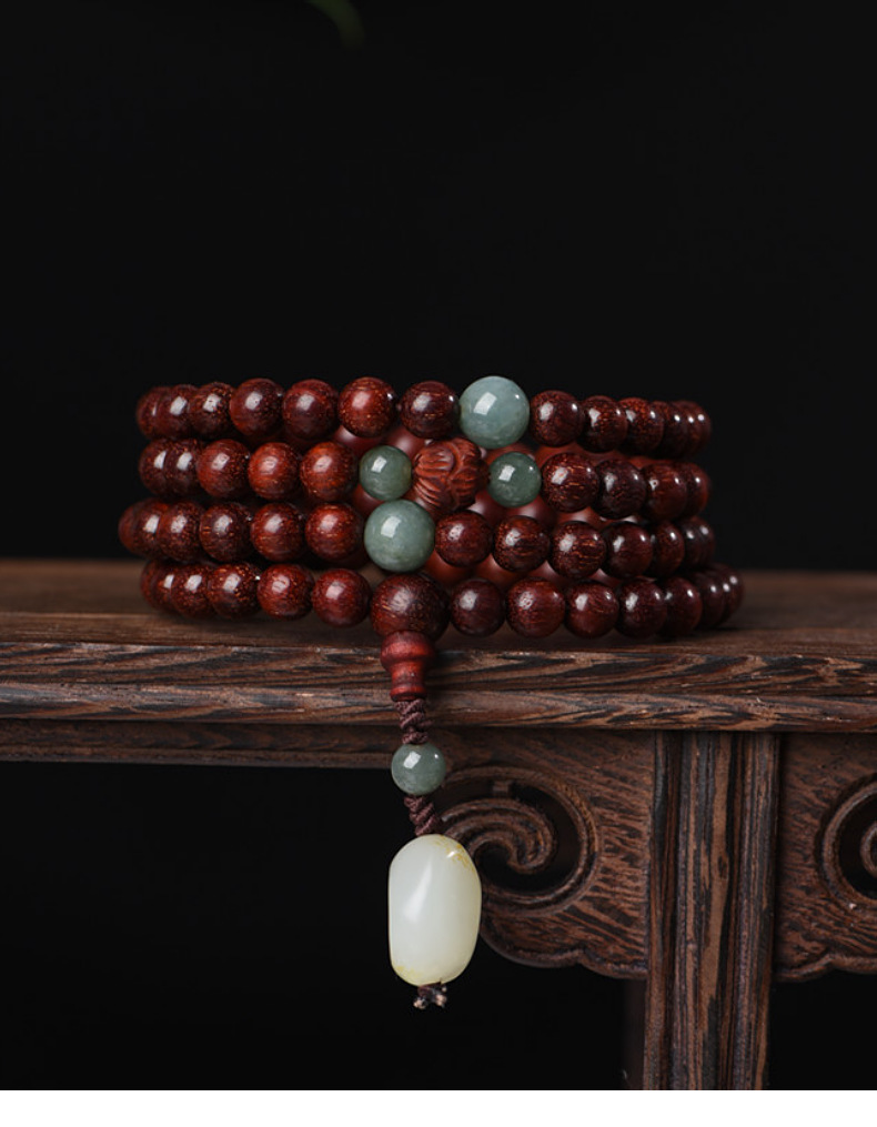 小叶紫檀手链 108颗搭配 和田玉 原籽料小吊坠男女多圈手串毛衣链
