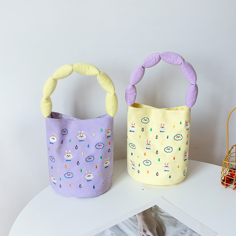 2023 Spring Embroidered Canvas Handbag Women's Bucket Bag Underarm Bag Shoulder Embroidered Cute Cartoon Handbag