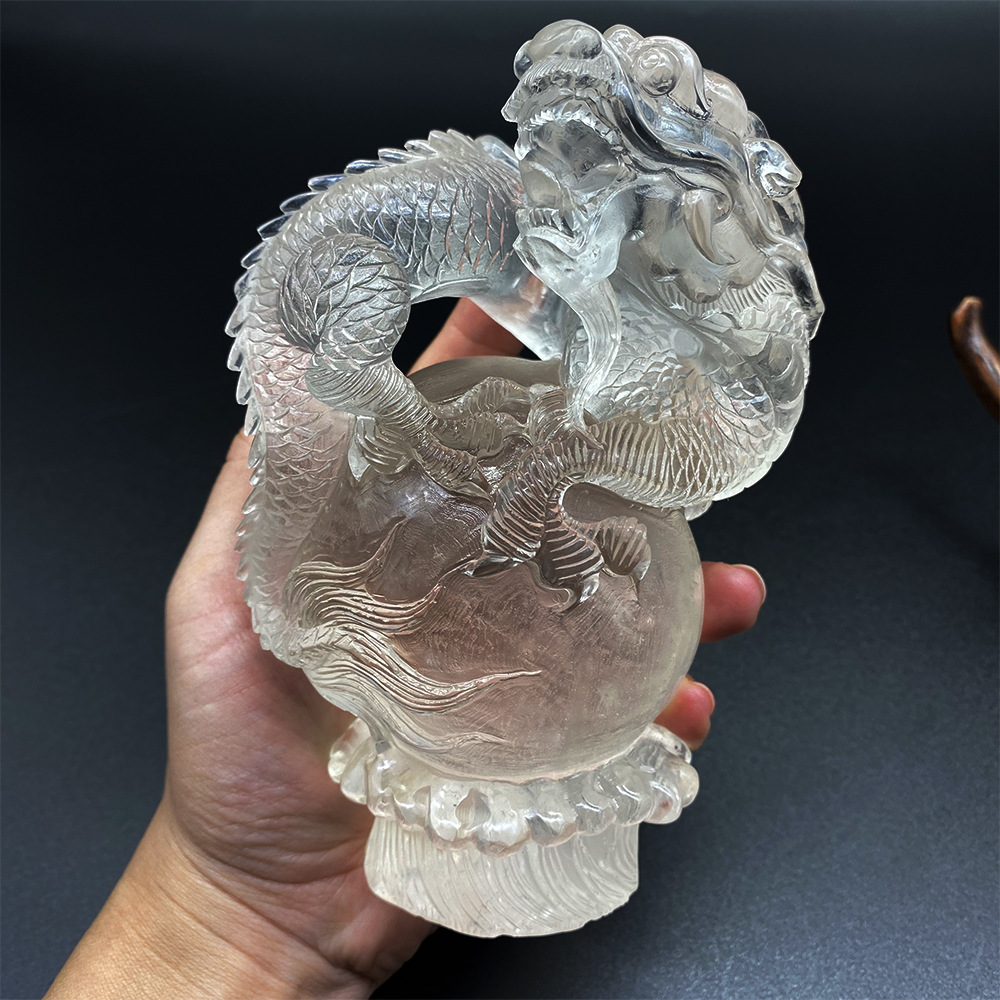 高品质高冰透白水晶精品雕刻中国龙摆件十二生肖龙风水属相工艺品