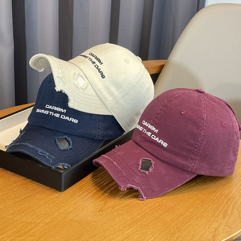 韩版水洗破洞棒球帽子女款2024新款复古做旧百搭休闲情侣鸭舌帽潮
