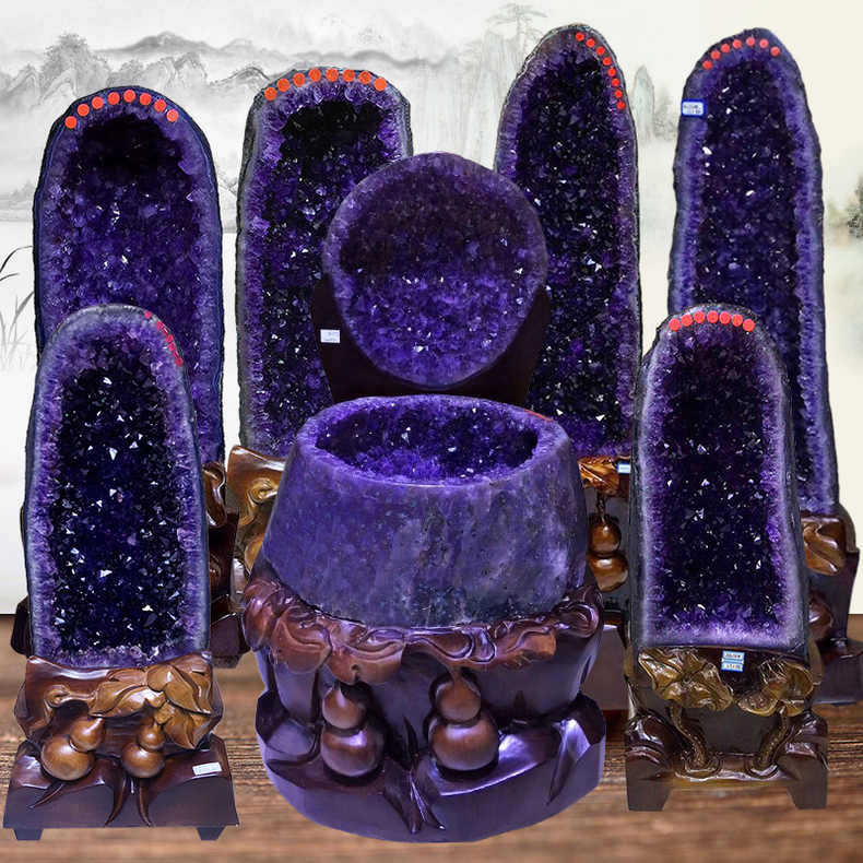 天然紫晶洞摆件紫水晶洞聚宝盆钱袋子巴西乌拉圭原石家居办公送礼