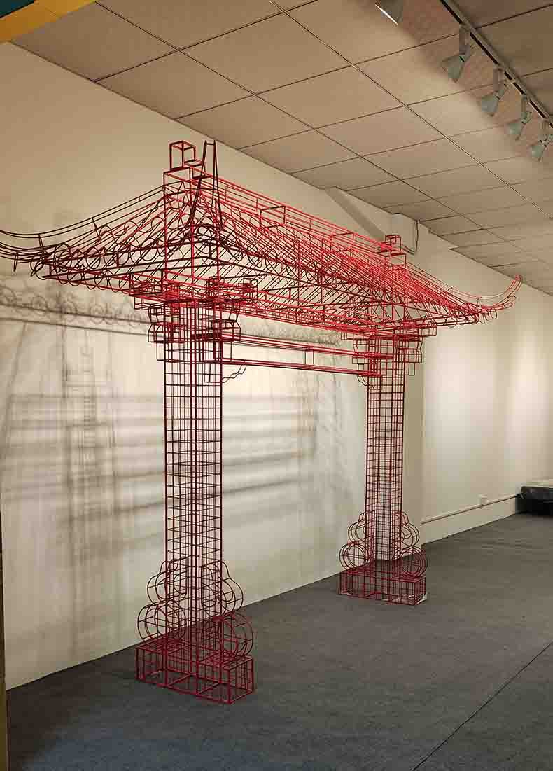 中式铁丝网格jz雕塑定制商场酒店美陈装饰飞檐亭子建筑造型艺术品