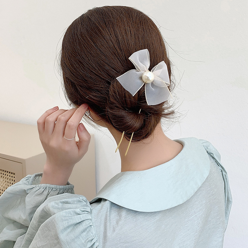 New Fabric Craft Metal Updo Hairpin Minimalistic Temperamental U-Shaped Updo Bow Hair Clasp Bun Hairpin Pin