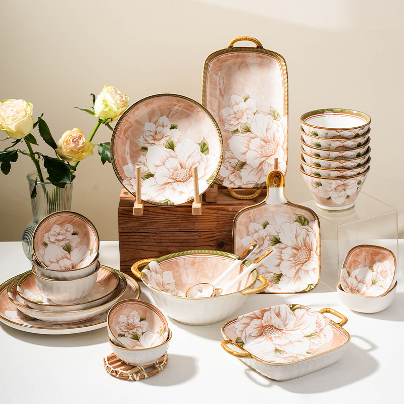 Nordic Camellia Trending on TikTok Fast Hand Ceramic Bowl and Dish Wholesale Retro Good-looking Plate Homemade Underglaze Bowl