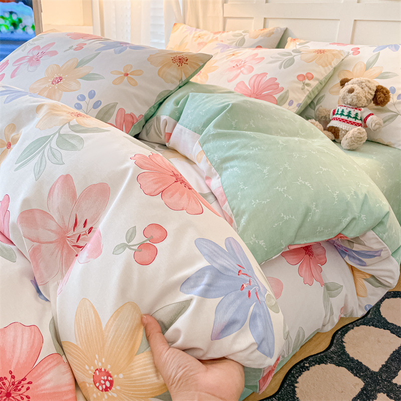 ins风纯棉四件套40支斜纹印花款小清新全棉棉被套床单宿舍单双人