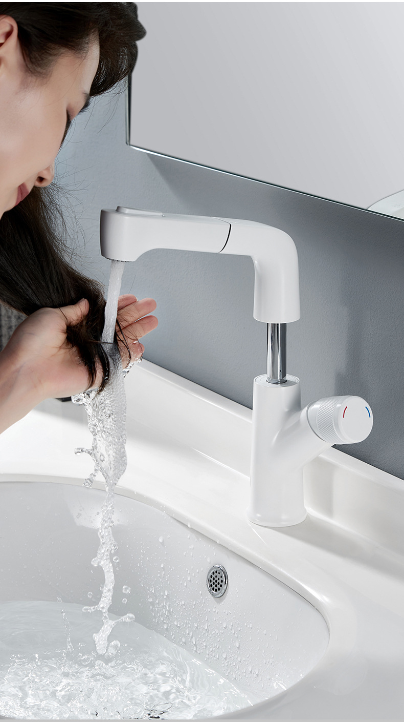 全铜拉丝金黑白色升降旋转抽拉面盆单孔水龙头台下盆浴室柜可洗头