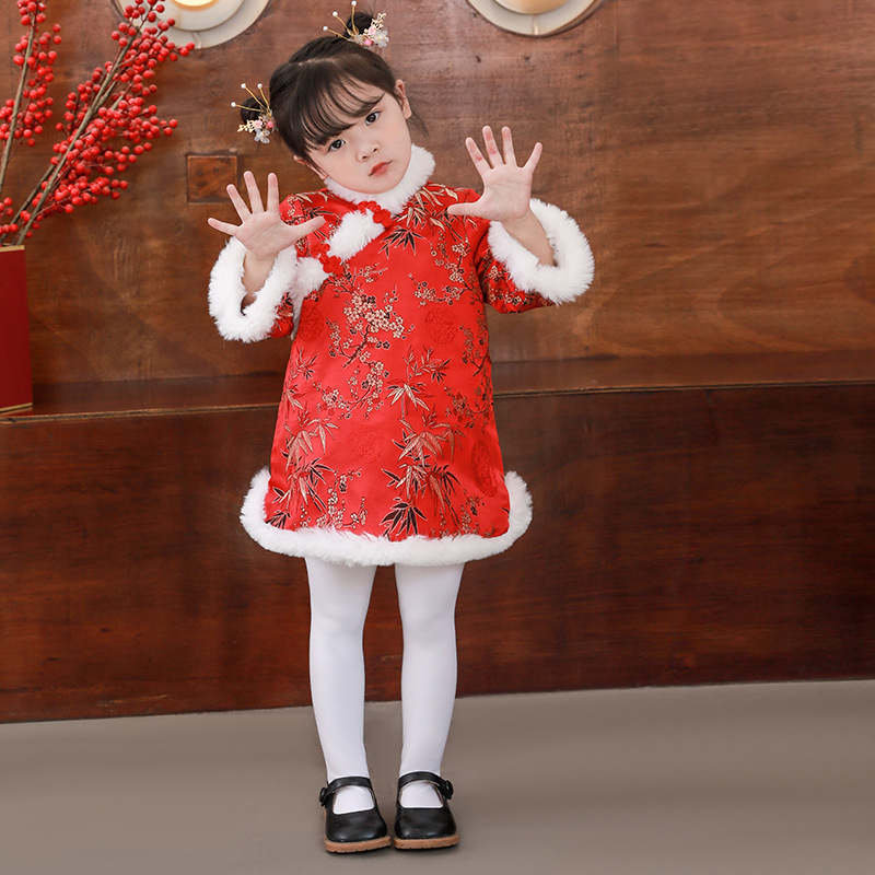 拜年服女宝冬女童旗袍长袖加厚小童唐装过年宝宝女孩周岁儿童春秋