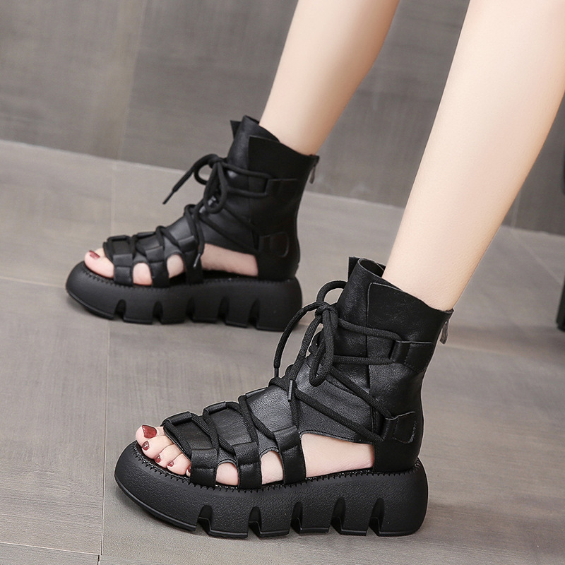 罗马凉鞋女厚底2024年新款夏季外穿增高高帮镂空透气马丁凉靴