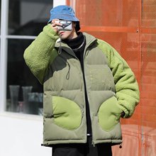 绿色羊羔绒棉服男士冬季美式复古面包服初中高中学生宽松加厚外套