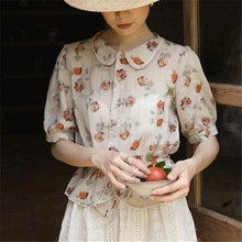 夏日玫瑰印花衬衫女春秋季设计感小众复古短袖上衣