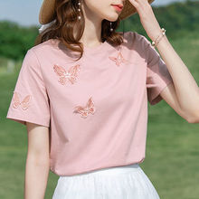 粉色凉感冰瓷棉珍珠立体蝴蝶短袖T恤女白色2022夏季新款上衣别致