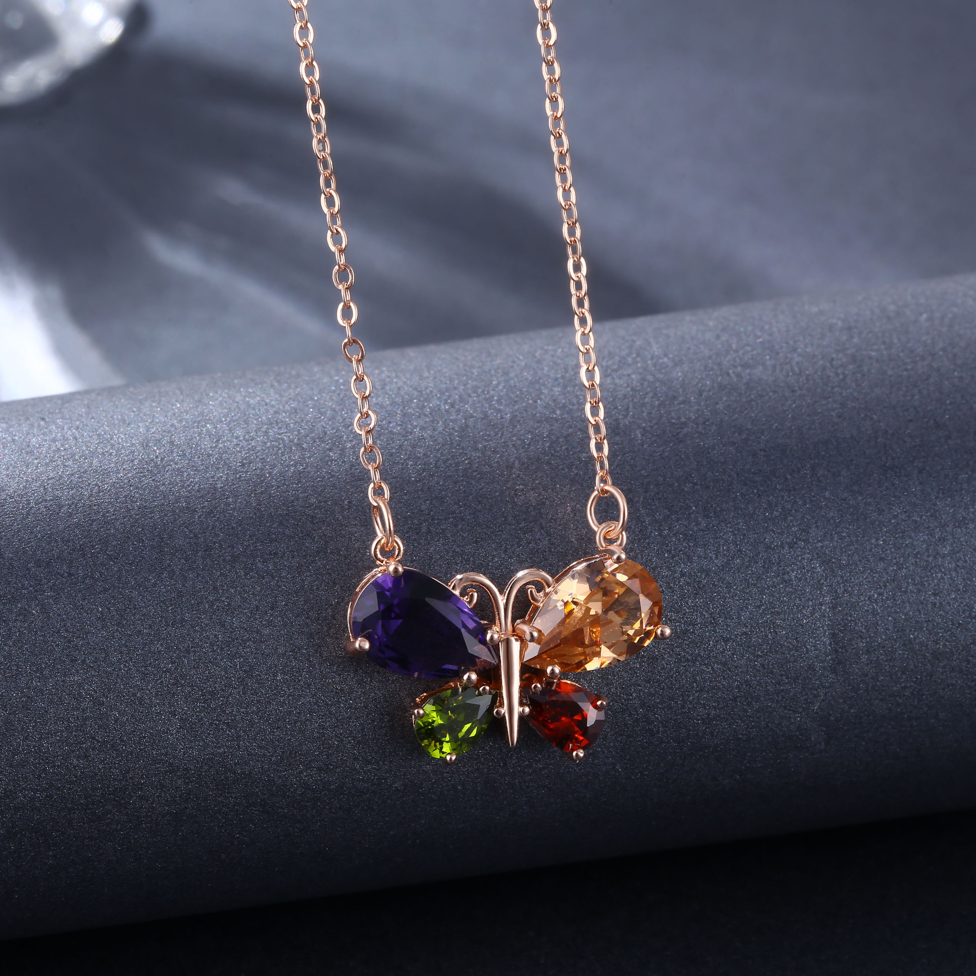 Rose Sutra Rhinestone Zircon Colorful Crystal Butterfly Necklace and Earrings Suite Fashion European and American Style Ear Ring Pendant