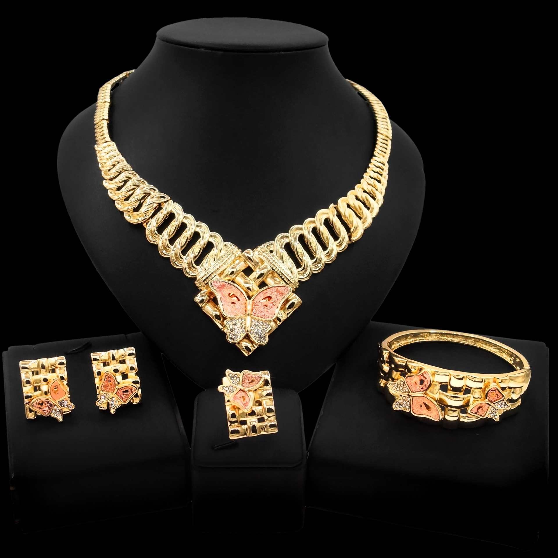 铜合金镶钻镀金花朵项链耳环手镯戒指四件套饰品套装新娘婚礼首饰