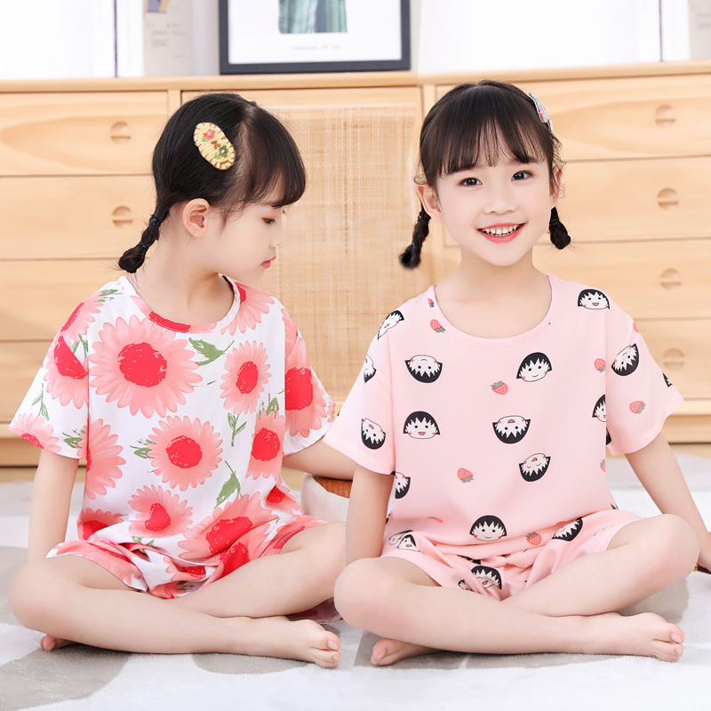 girls‘ pajamas set summer cotton silk suit girls‘ short sleeve thin air conditioning room clothes cotton silk home clothing children‘s clothing