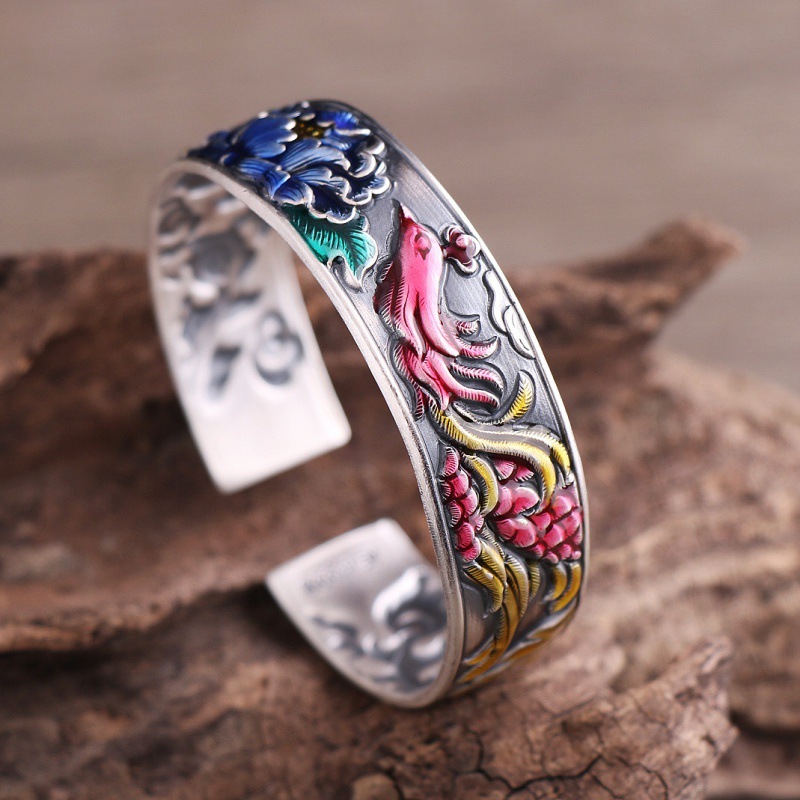 景泰蓝s999复古纯银女开口民族风国潮宽面珐琅彩牡丹凤凰足银手镯