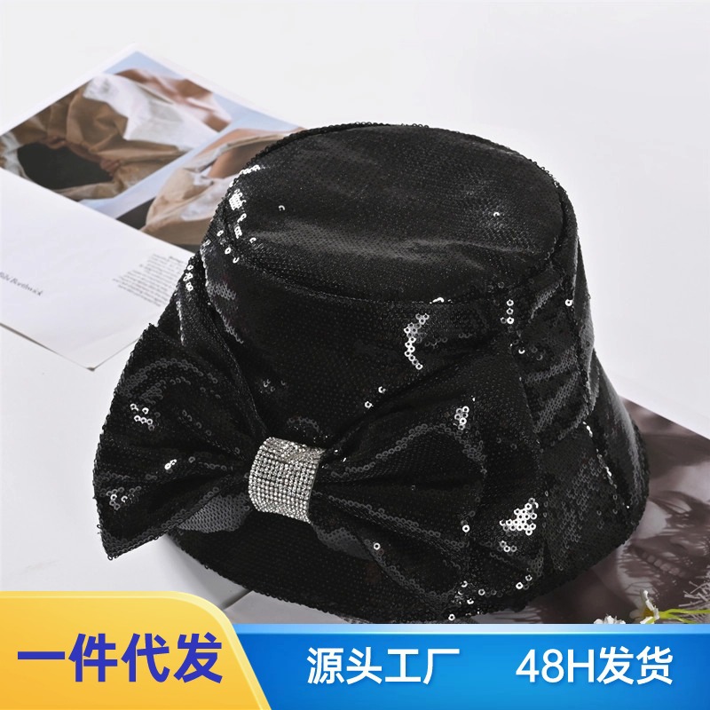 2024 new summer korean style women‘s sequined diamond bow fisherman hat outdoor street shot sun protection fashion all-match sun hat