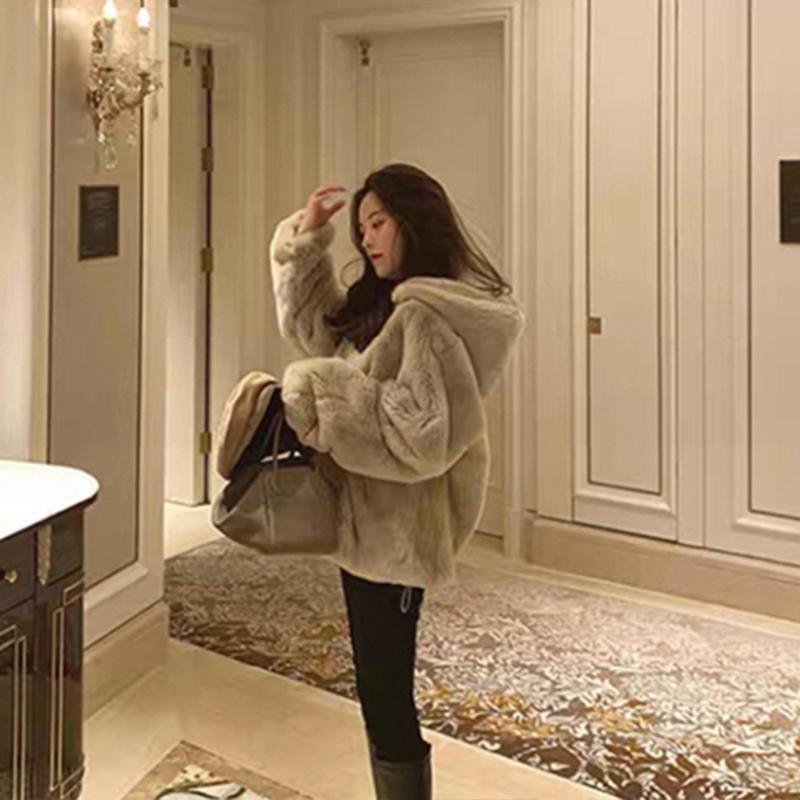 Faux Fur Coat Women's Autumn and Winter Loose Imitate Rex Rabbit Fur Fleece-lined Thickening Stand Collar Zipper Sweater Korean Style Plush Coat