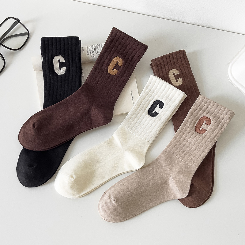 Integrated Mechanism Boneless Suture Japanese Style Embroidery Letter C Mid-Calf Length Solid Color Street Sports Ins Tide Cotton Sock