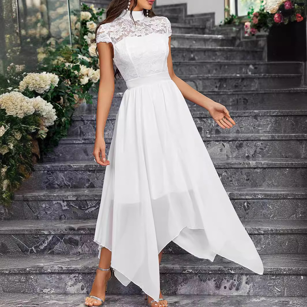 春夏欧美外贸女装新款亚马逊无袖高领蕾丝雪纺伴娘礼服中长裙