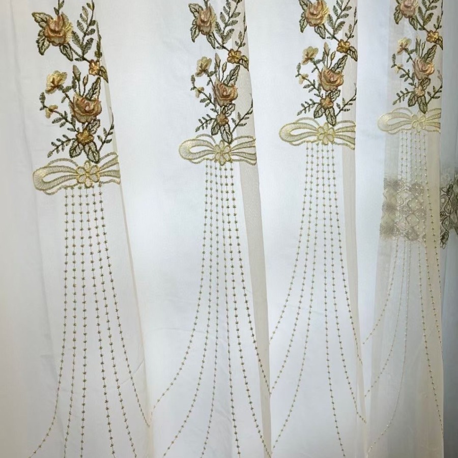 良作法式唯美小珍珠吊兰刺绣窗纱厂成品垂感好蝴蝶结花枝招展跨境