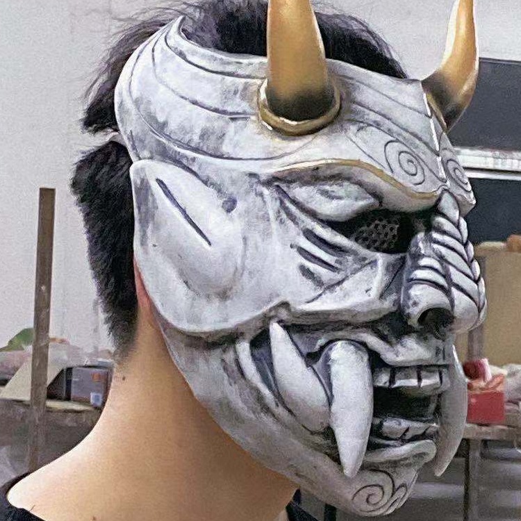 乳胶赤般若面具cosplay日系能剧面罩红鬼万圣节恐怖 獠牙面具般若