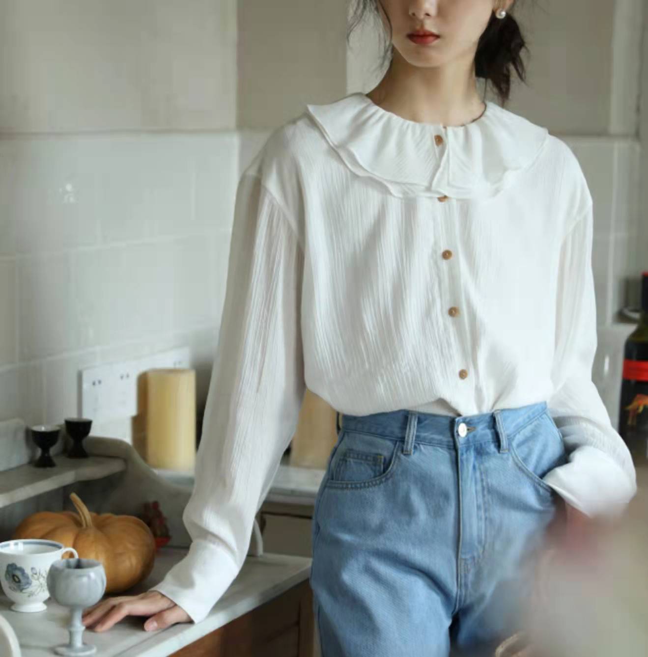 guoe/缪斯的花园 拉夫领白色复古法式浪漫纯欲风叠穿衬衫上衣女春