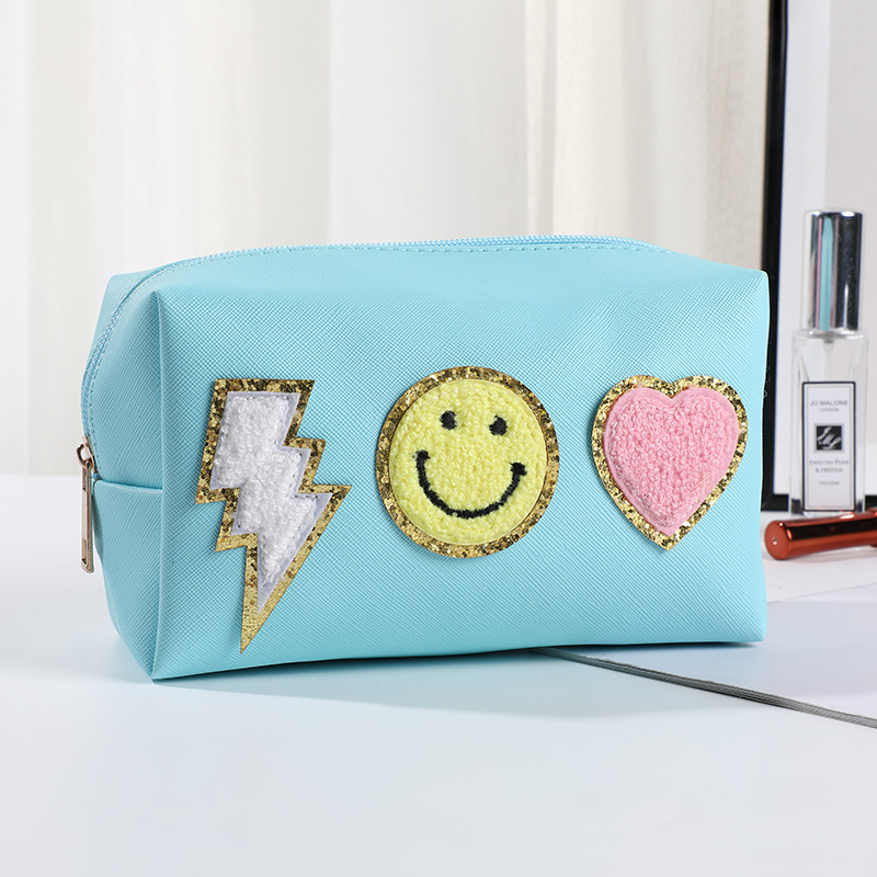 Fashion Embroidered Smiley Pu Cosmetic Bag Large Capacity Portable Cosmetics Storage Bag Cute Travel Wash Bag