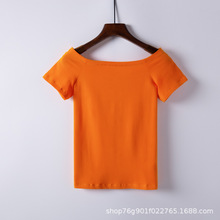 019  22年新款夏季橙色T恤女短袖紧身修身一字肩领体桖半袖上衣潮