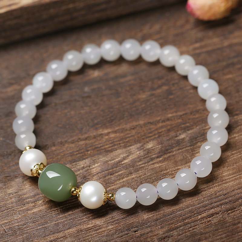 和田玉福运手链6mm单圈搭配淡水珍珠烟紫玉石手串珠子女饰品首饰