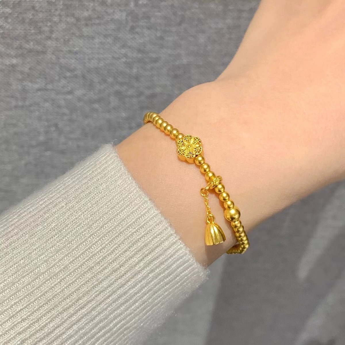 莲蓬六相花金手链国风设计个性百搭黄铜镀金转运珠手串送妈妈礼物