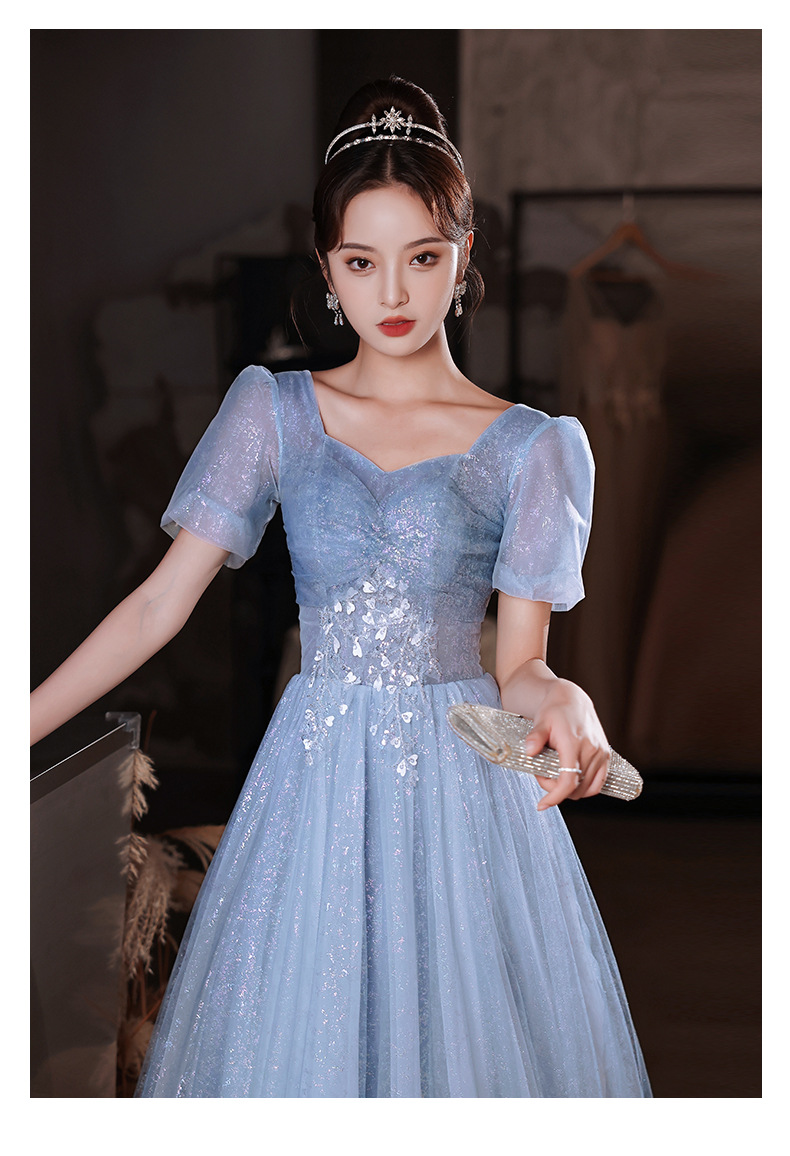 蓝色晚礼服女宴会气质仙气声乐艺考年会修身长款姐妹团伴娘服秋冬