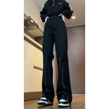 牛仔裤男春秋款黑色开叉显瘦裤子直筒高个子喇叭裤