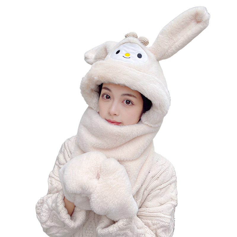 Hat and Scarf Three-Piece Set Female Winter Cute Internet Hot New Adult Rabbit Ears Moving Gloves Scarf Integrated