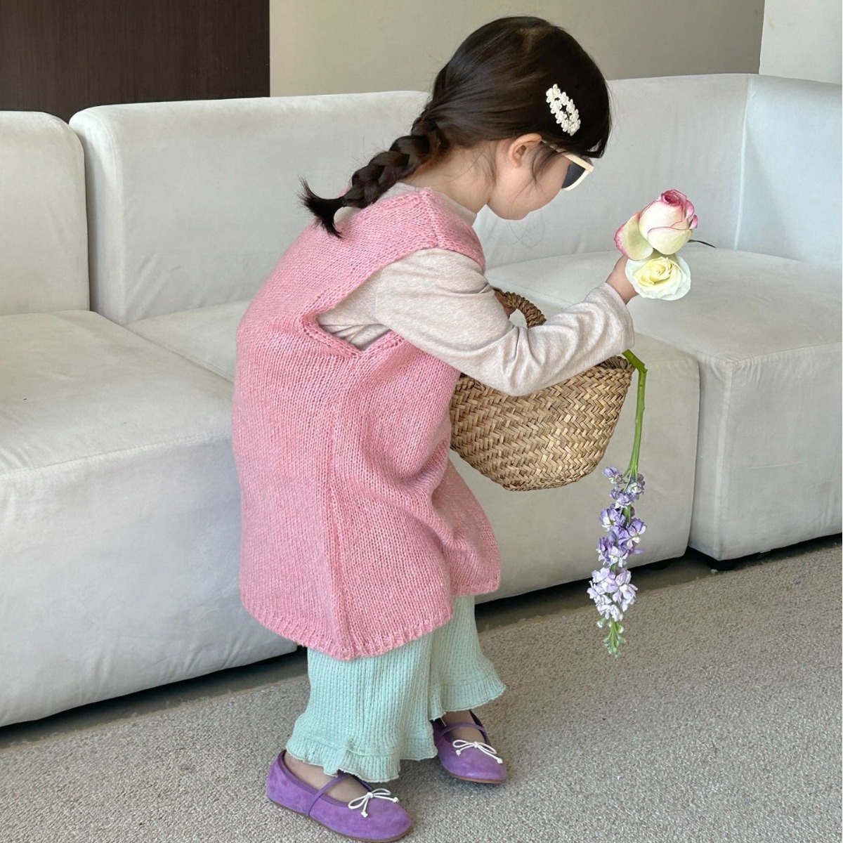 2024春季新款童装韩版女童针织圆领背心裙 内搭打底衫 绿色花边裤